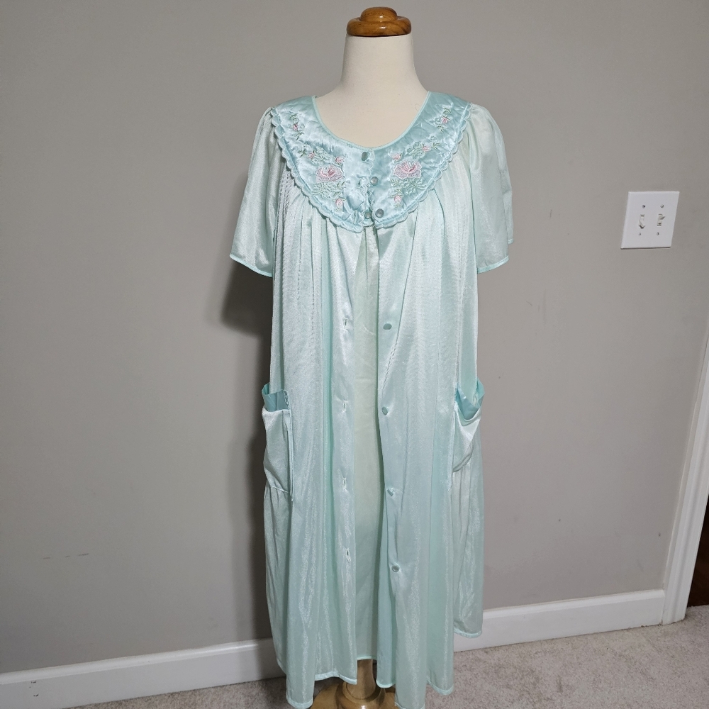VTG Quiet Moments Peignoir Set M Aqua Floral Lingerie Robe Gown